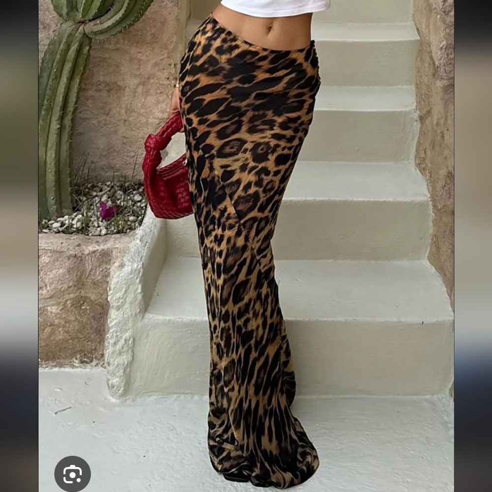 Commense Satin Leopard Print Maxi Skirt